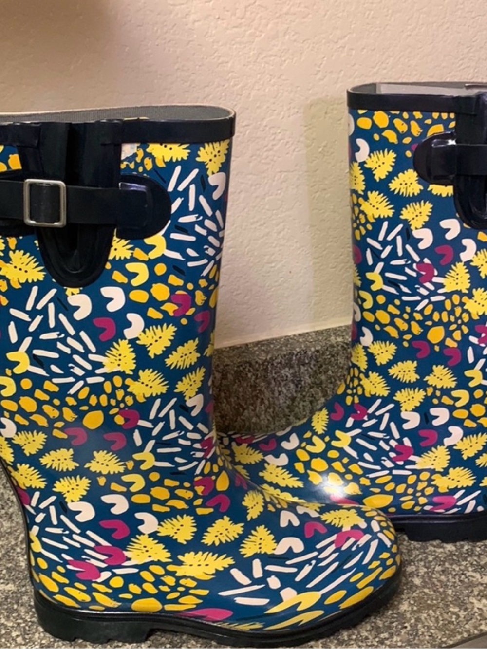 Colorful Floral Pattern Rain Boots - Navy Base with Yellow & Pink Accents